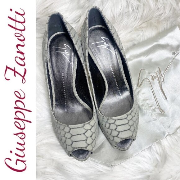 GIUSEPPE ZANOTTI Sloane Snake Print Peep Toe Stiletto Platform Heels Gray, 36 - Picture 2 of 10